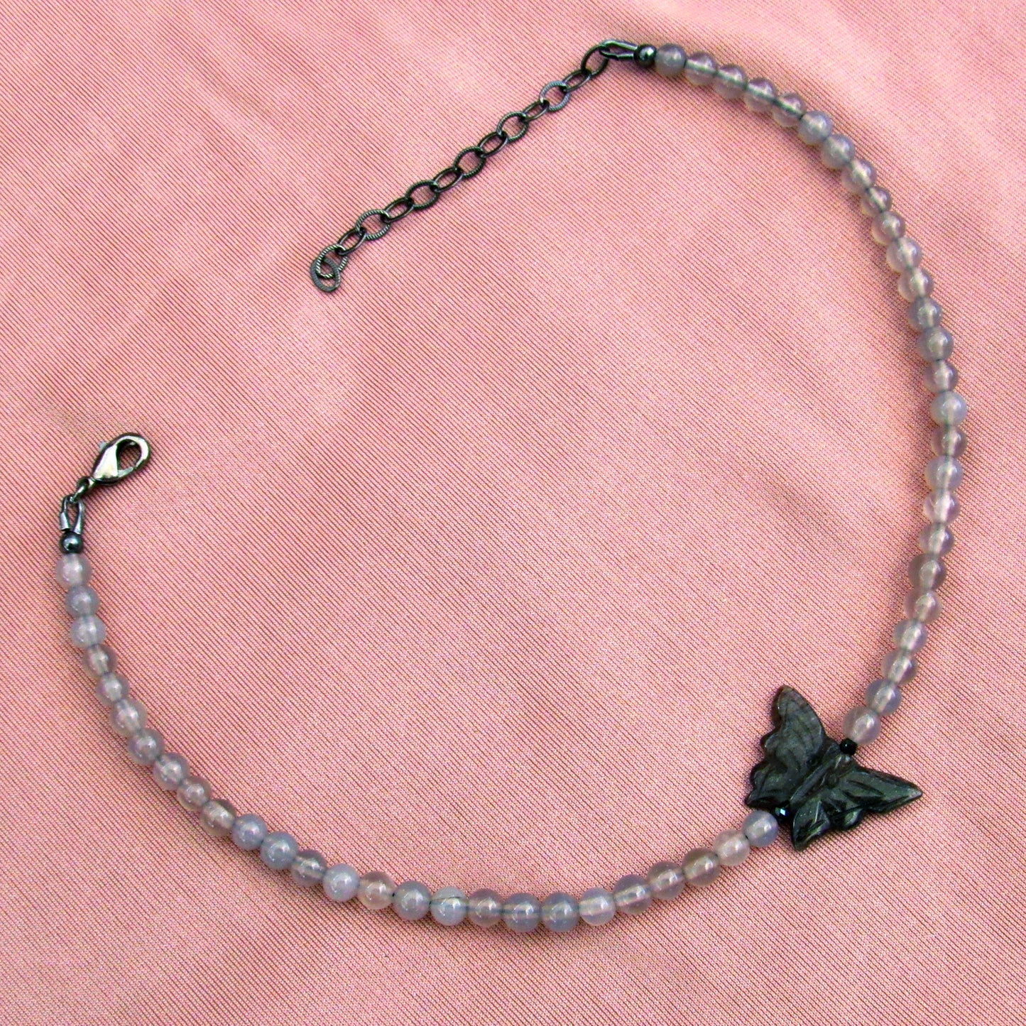Black Aventurine Butterfly, Black Spinel, Grey Agates, and Oxidized Sterling Silver Anklet