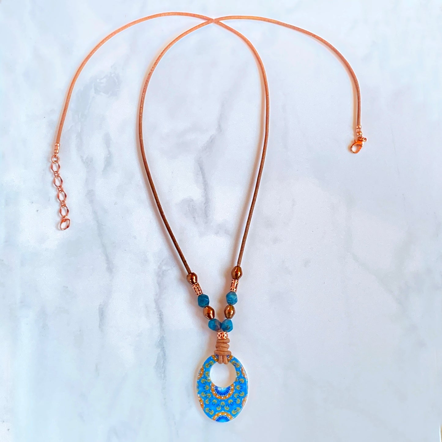 Mother of Pearl, Apatite gemstone, and Copper on Leather Necklace