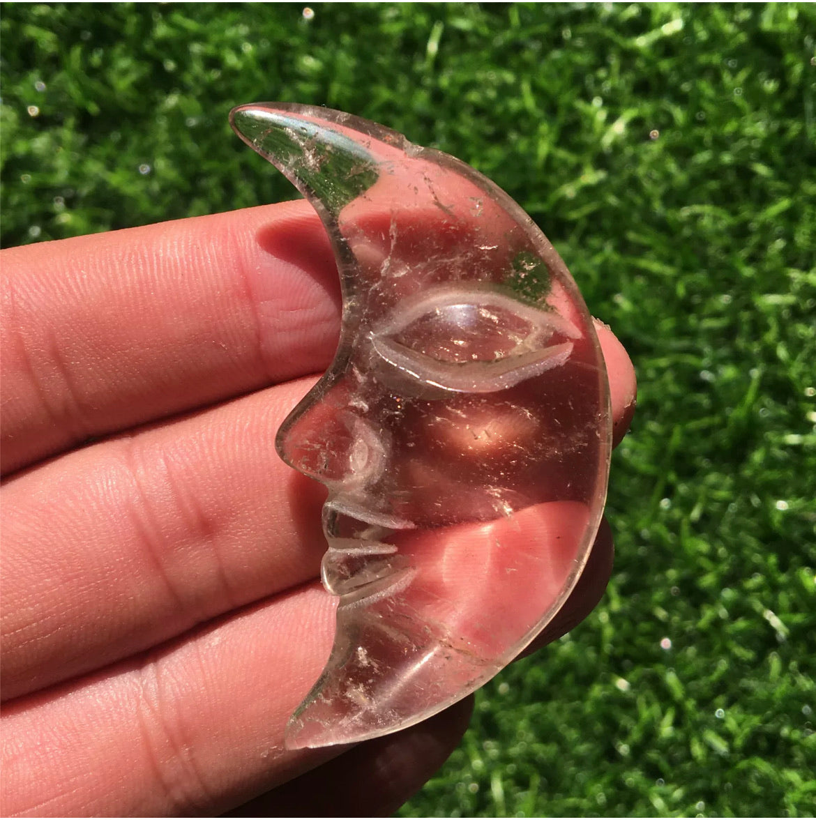 Natural Clear Hand Carved Quartz Crystal Stone Moon Reiki Semiprecious Gemstone Crescent Moon Lunar