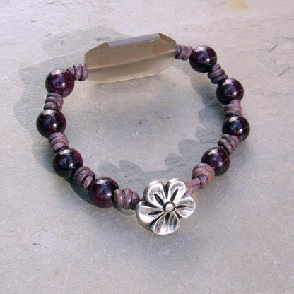 Garnet gemstone and silver moonstone leather bracelet