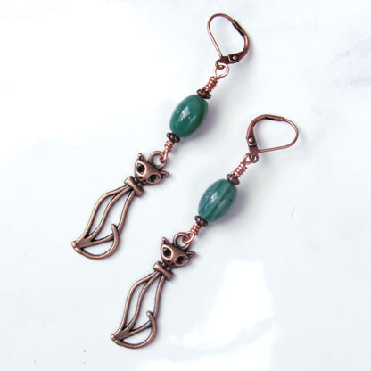 Green Agate gemstone and Copper Kitty Cat Drop Earrings