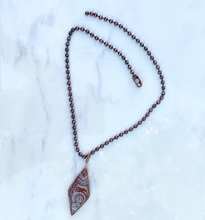 Men’s Dragon’s Vein Agate Rhombus Pendant, Hand Wrapped on Copper Chain