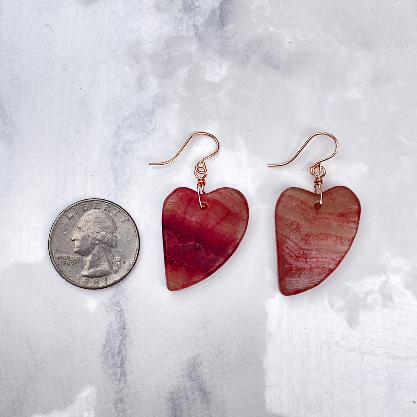 Rhodochrosite gemstone Hearts and 14 Kt Rose Gold fill Drop Earrings