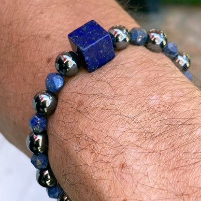 Lapis Lazuli and Hematite gemstone Beaded Skull Bracelet