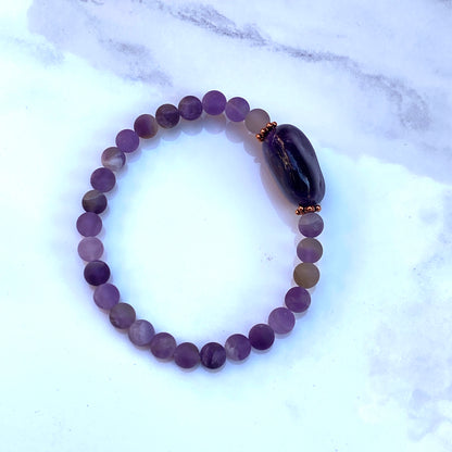 Amethyst gemstone and copper crystal beaded stretch bracelet