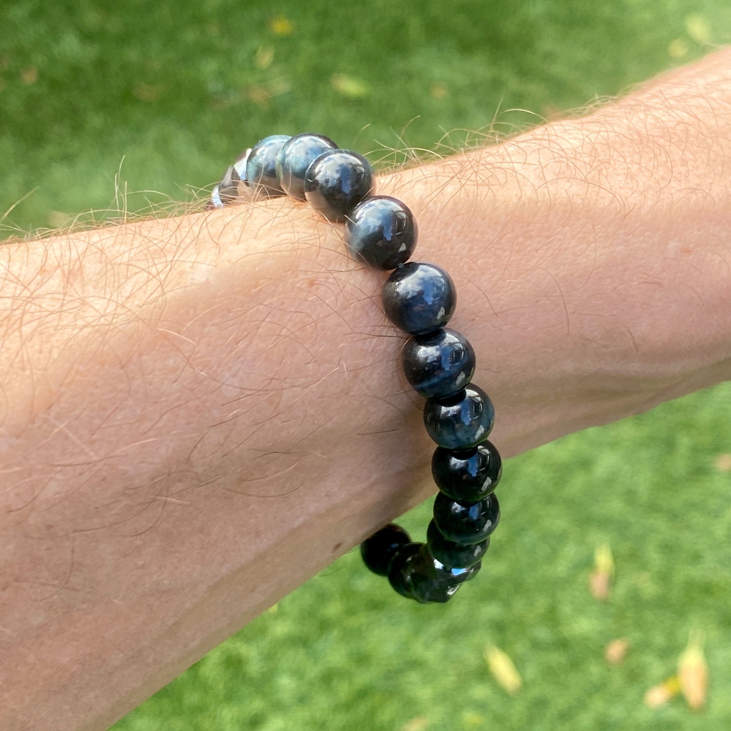 Blue Tiger Eye and Hematite Skull Stretch Bracelet