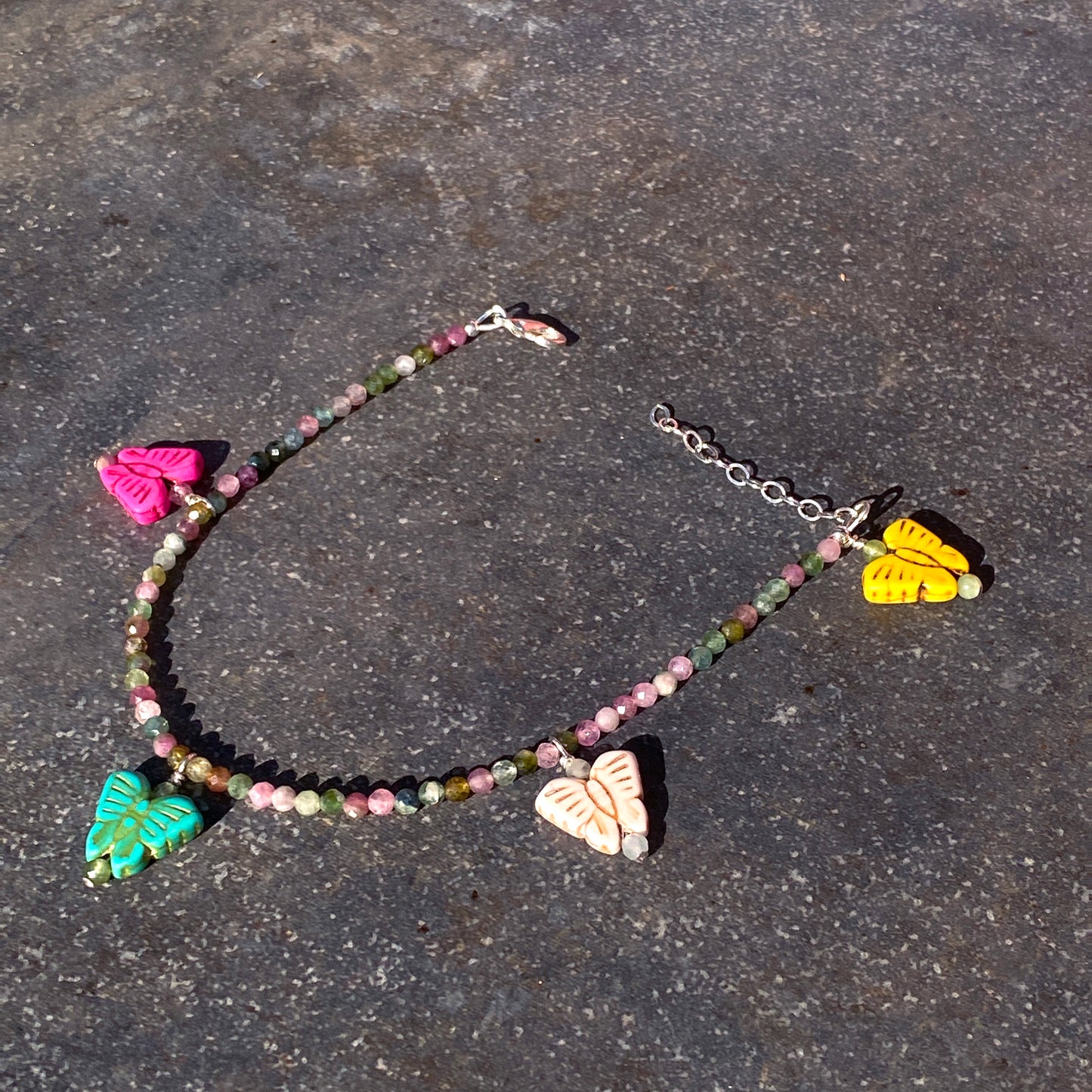 Howlite butterfly and mixed tourmaline gemstone Sterling Silver anklet