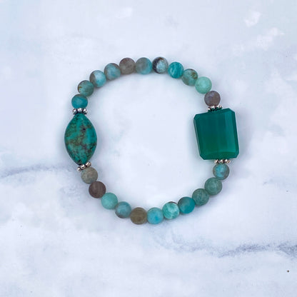 Green onyx, Amazonite Gemstone, Natural Turquoise, and Sterling Silver Stretch Bracelet