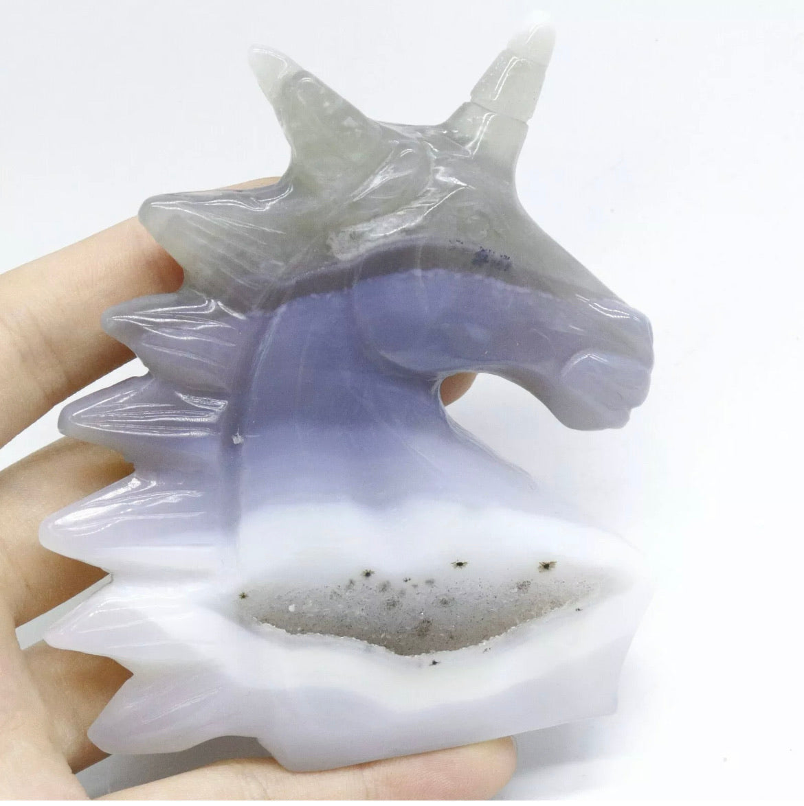 Hand-carved unicorn in natural Agate gemstone crystal