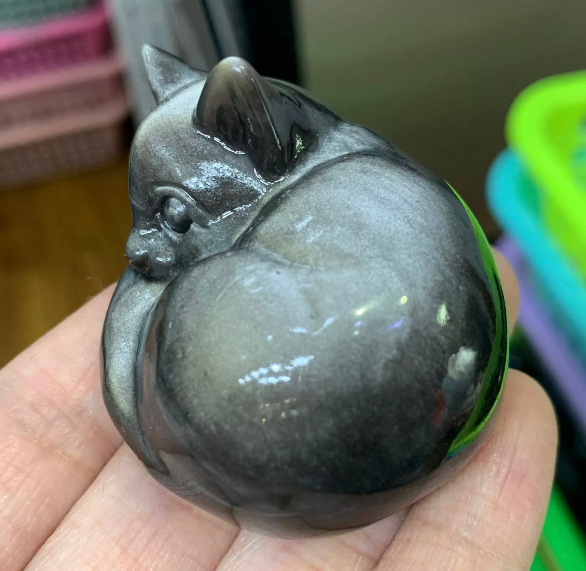 Natural Silver Obsidian sleeping Kitty Cat