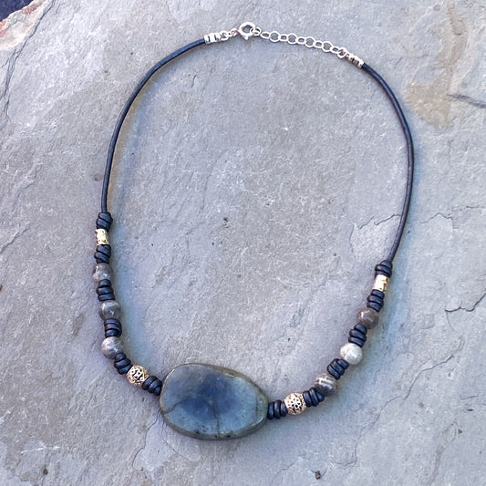 Labradorite gemstone, Sterling Silver, Leather Necklace