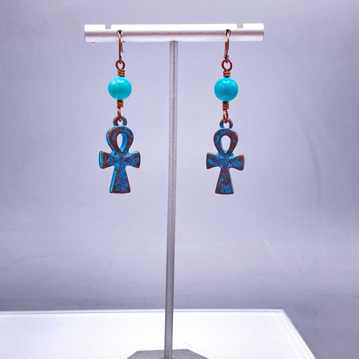 Turquoise and Copper Ankh Dangle Earrings