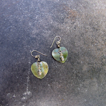 Abalone Heart Earrings, Silver Moonstones, White Topaz, Sterling Silver Drop Earrings