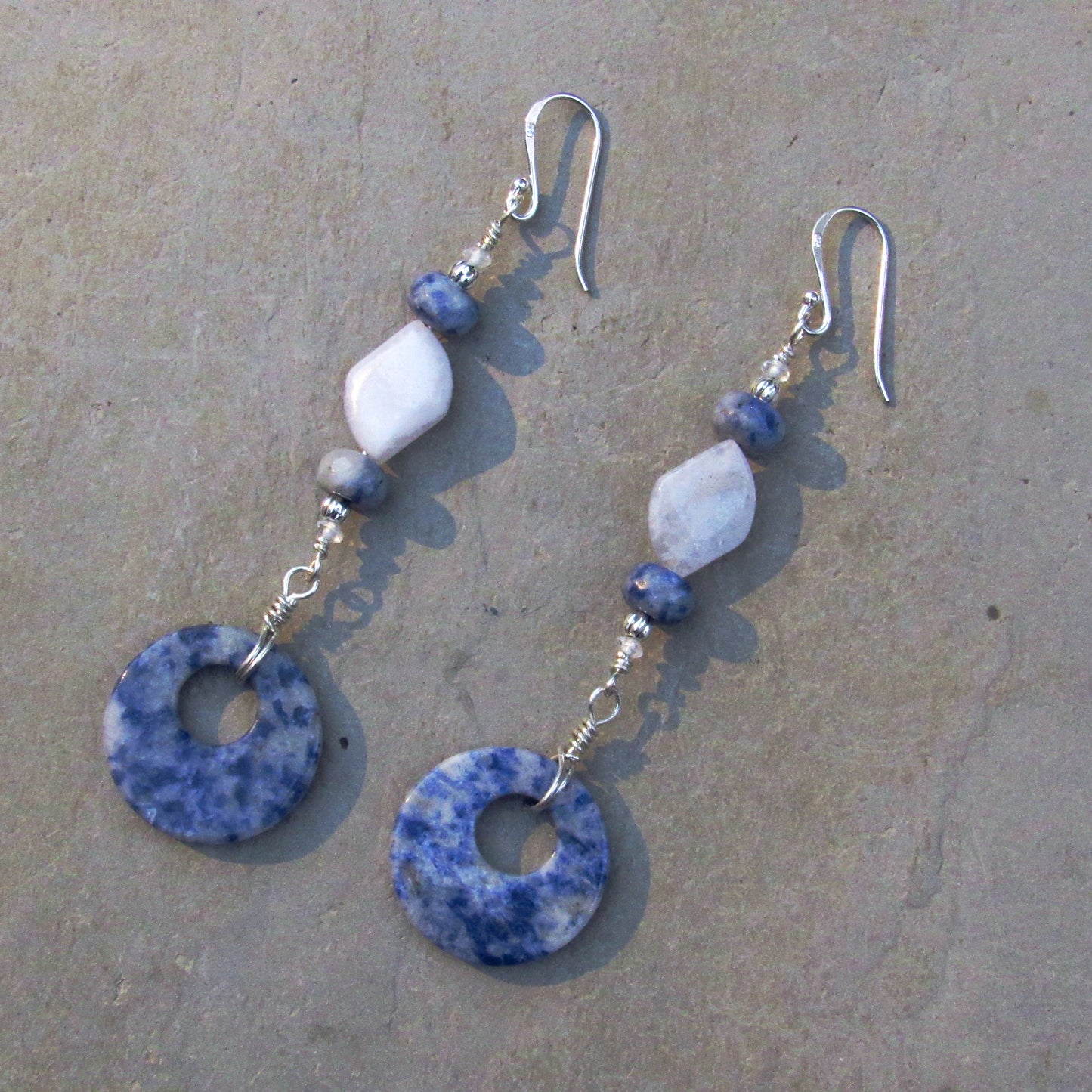 Sodalite gemstone, Blue Lace Agate, White topaz, and Sterling Silver Drop Earrings