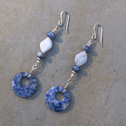 Sodalite gemstone, Blue Lace Agate, White topaz, and Sterling Silver Drop Earrings