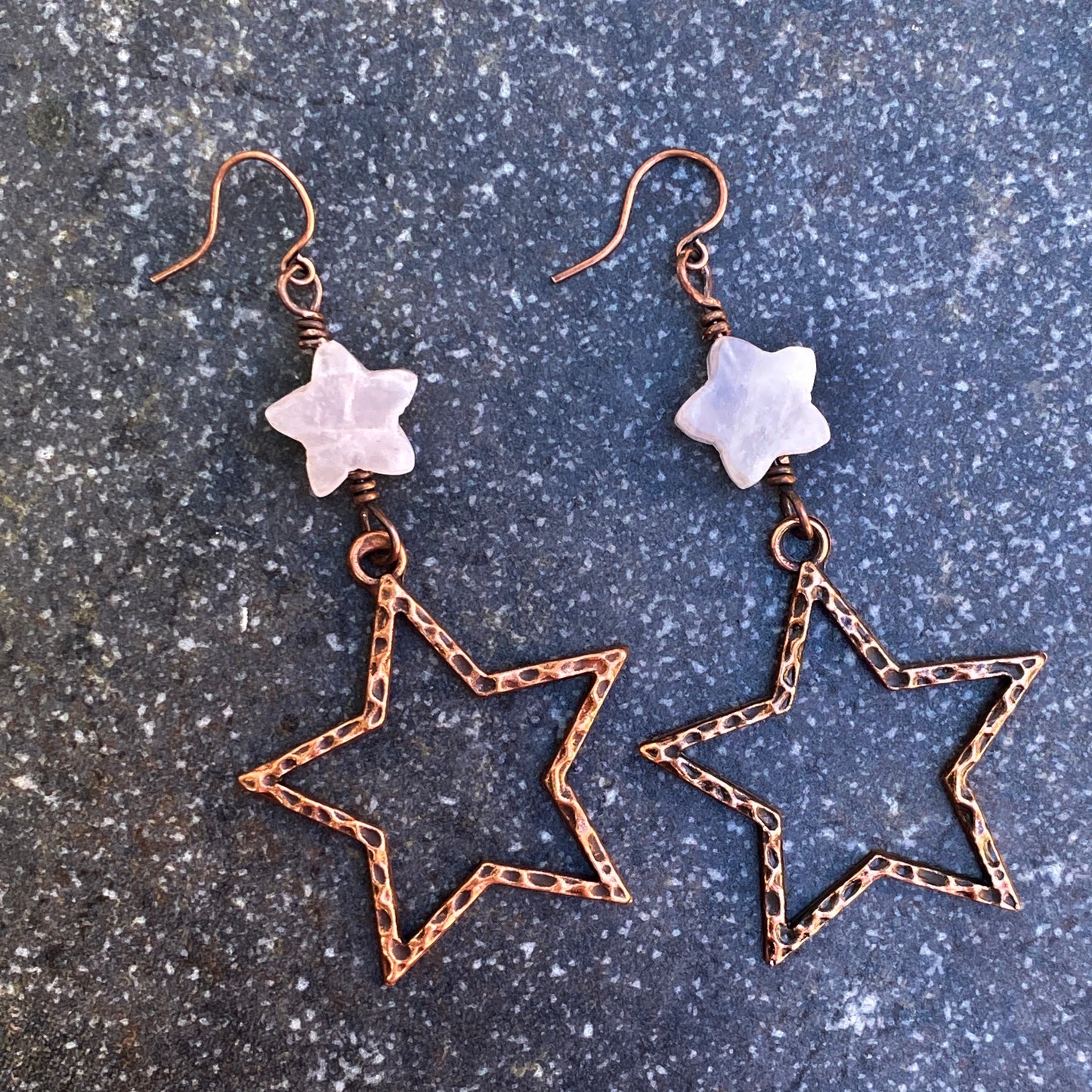 Rose Quartz gemstone Star and Copper Dangle Earrings