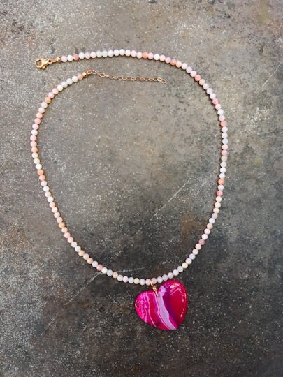 Women’s Pink Agate Heart Pendant & Pink Opal Gemstone Necklace