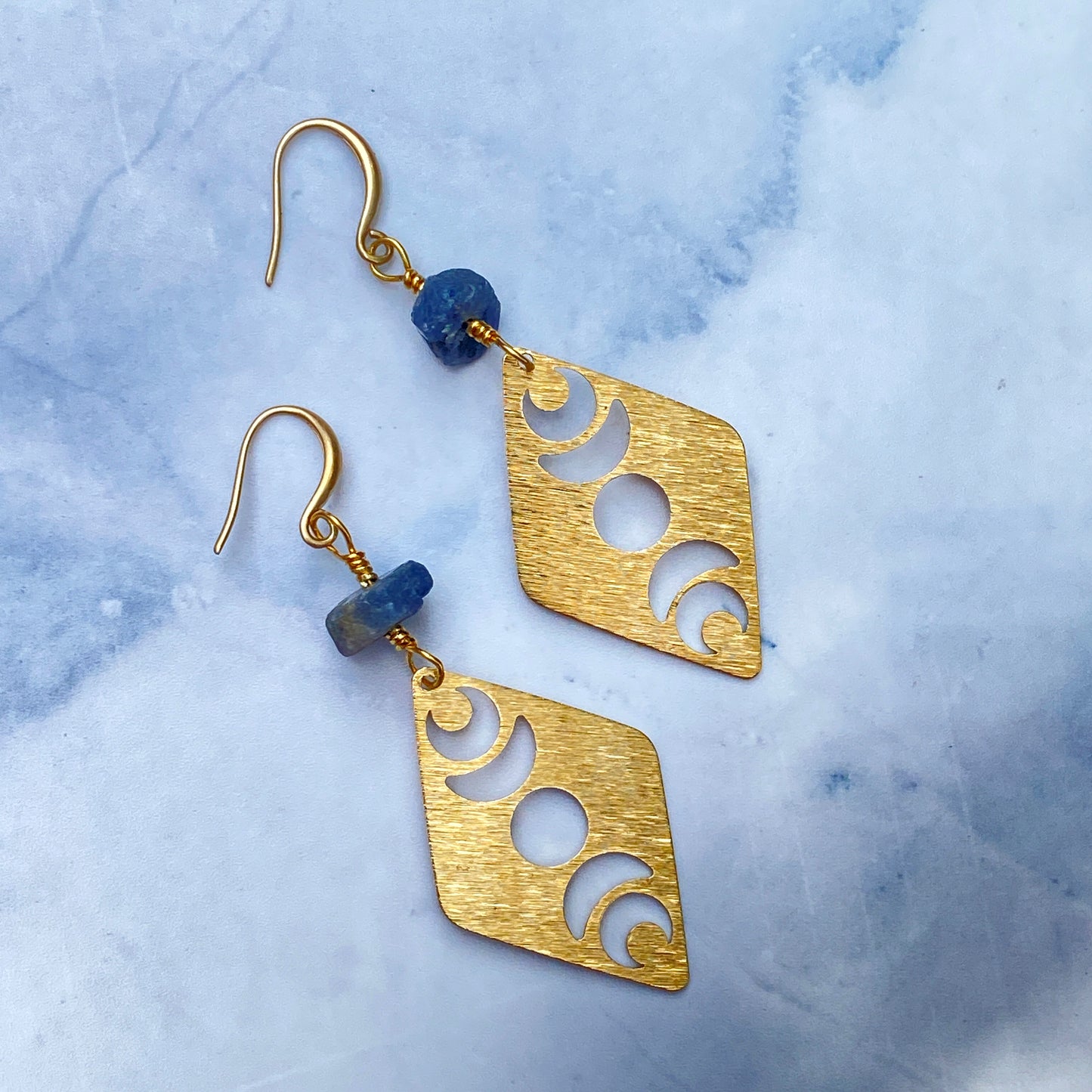 Blue Sapphire Brass Moon Dangle Earrings