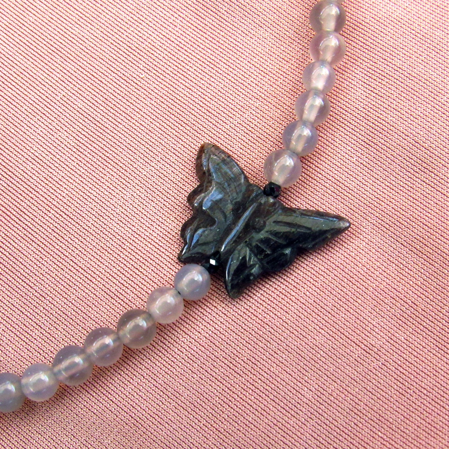 Black Aventurine Butterfly, Black Spinel, Grey Agates, and Oxidized Sterling Silver Anklet