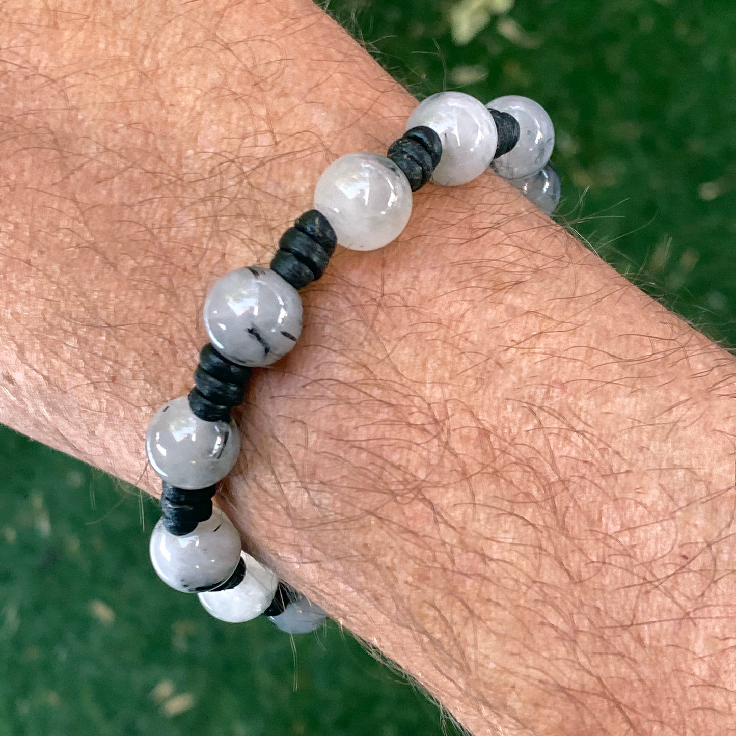 Leather and tourmaline Quartz Gemstone Bracelet with Buffalo Button