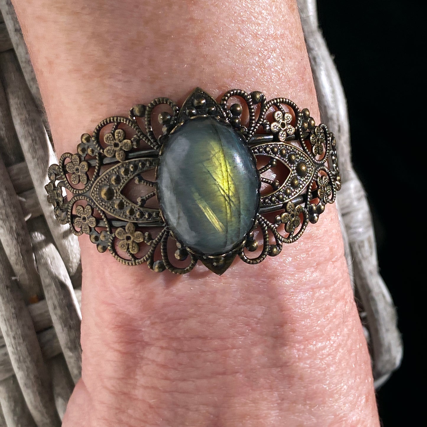 Labradorite Gemstone and Brass Cuff Bracelet