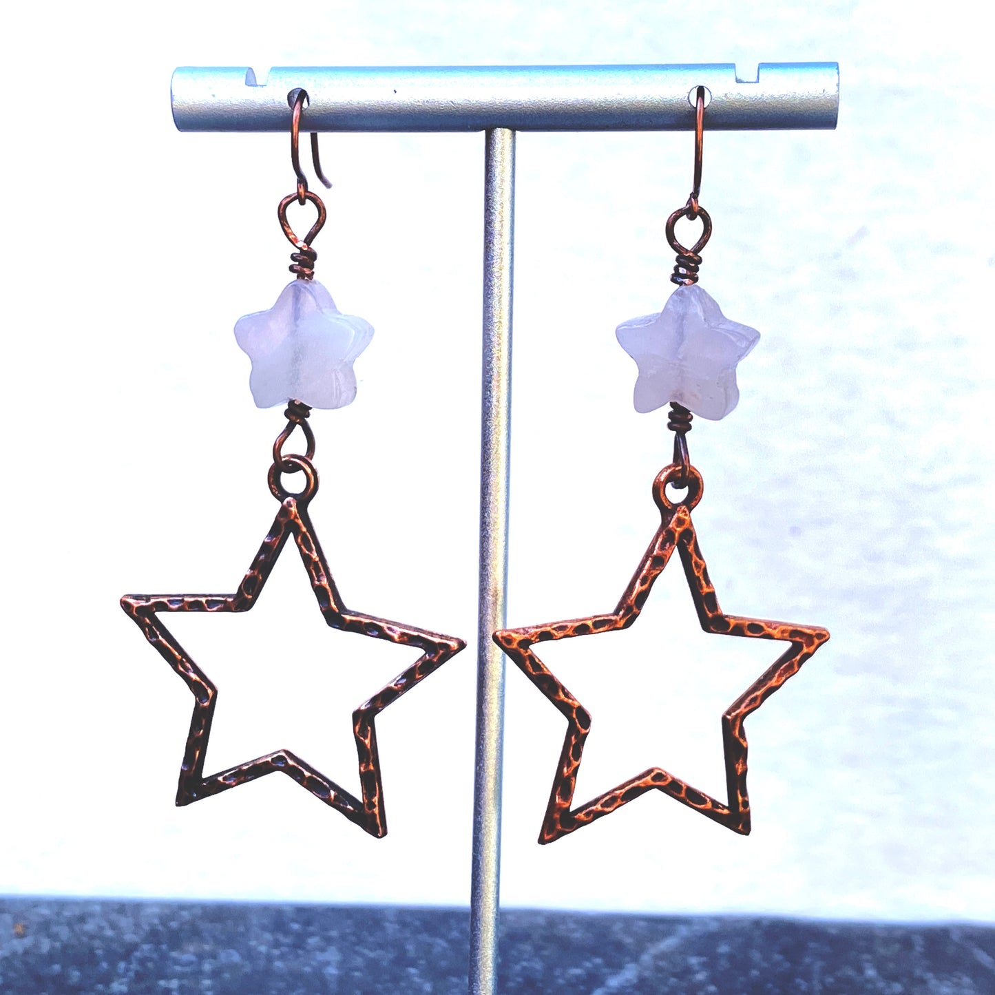 Rose Quartz gemstone Star and Copper Dangle Earrings