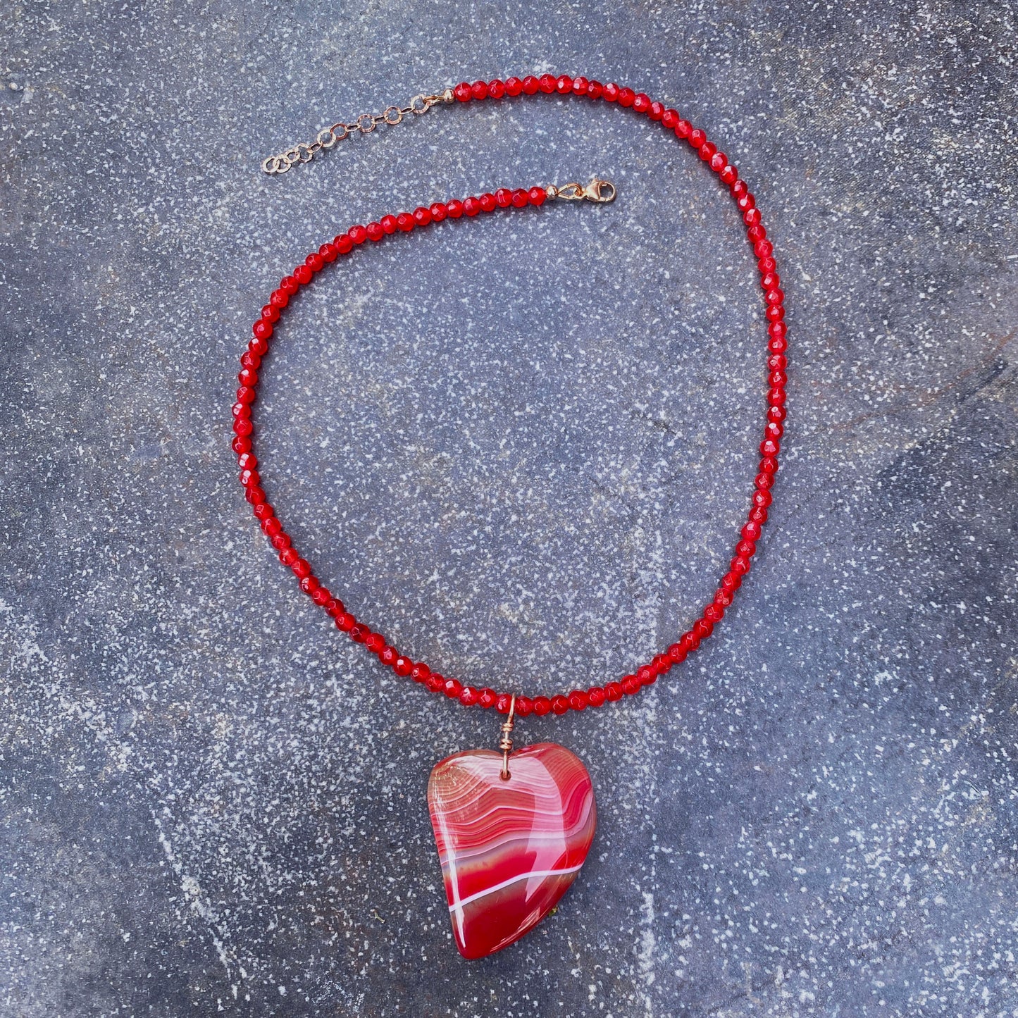 Red Banded Agate Heart Pendant on Beaded Red Agate Necklace with 14 Kt Rose GF Hand Wrap