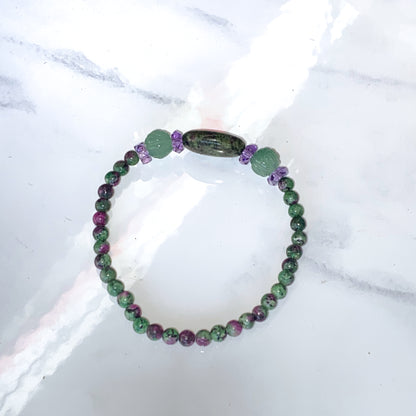 Ruby Zoisite, Green Aventurine, and Amethyst gemstone Stretch Bracelet