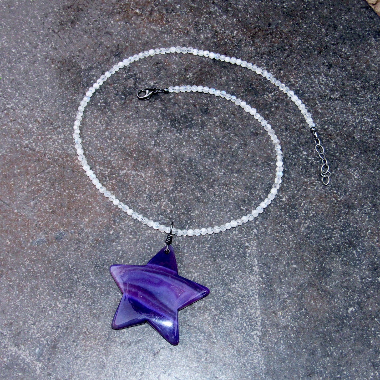 Purple Onyx Agate Star on Moonstone Beaded Necklace with Oxidized Sterling Silver