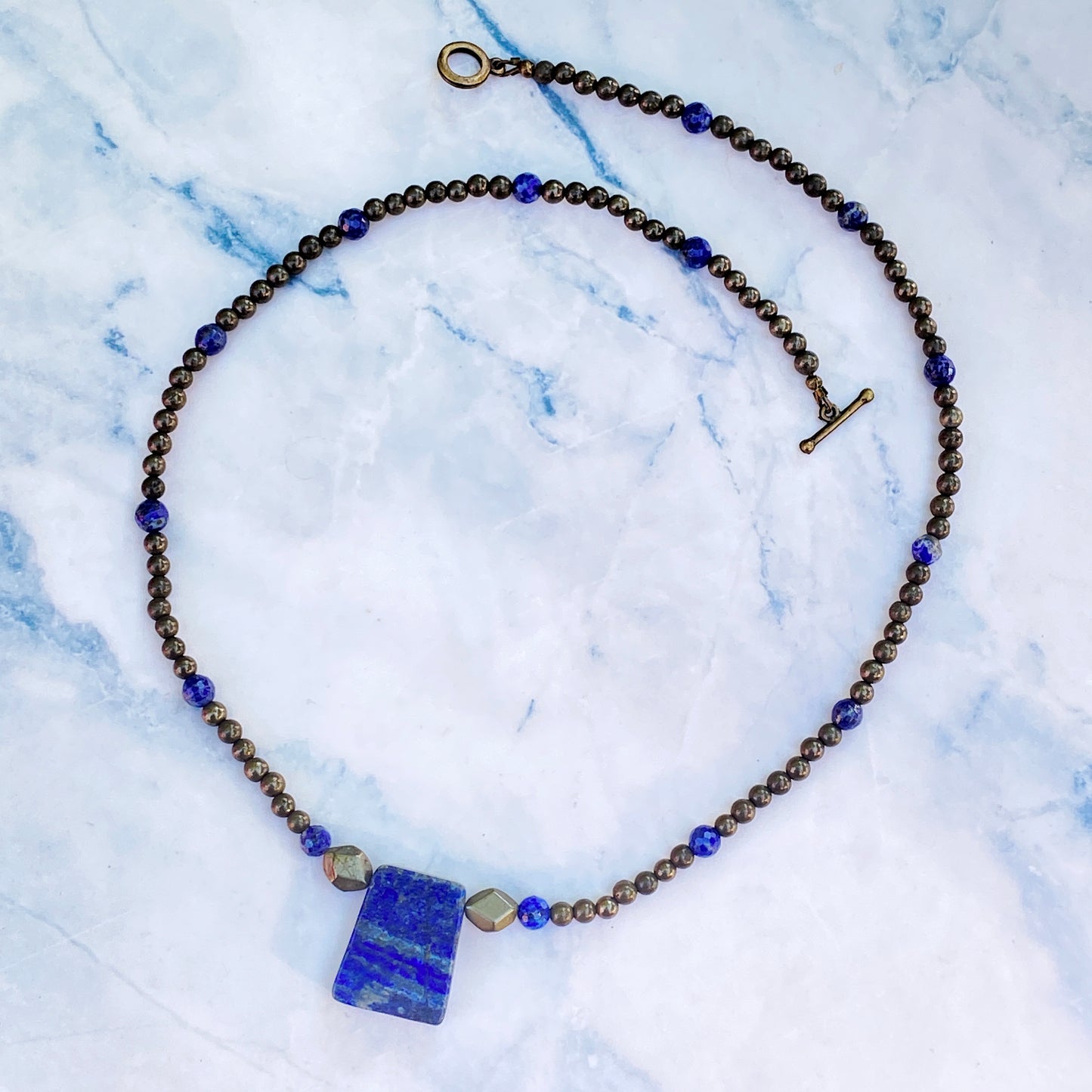 Pyrite Gemstones and Lapis Lazuli pendant Necklace