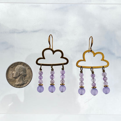 Raw Brass Cloud and Amethyst gemstone Rain Drop Earrings