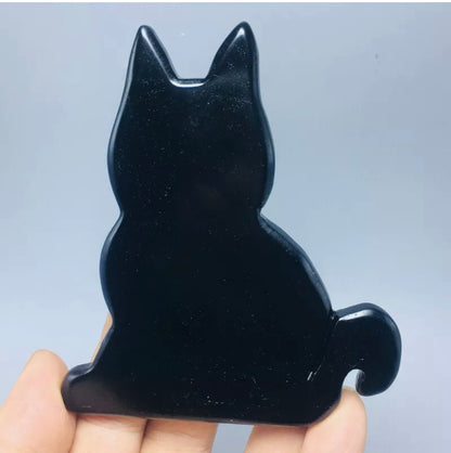 Black Obsidian gemstone awKitty Cat with stand