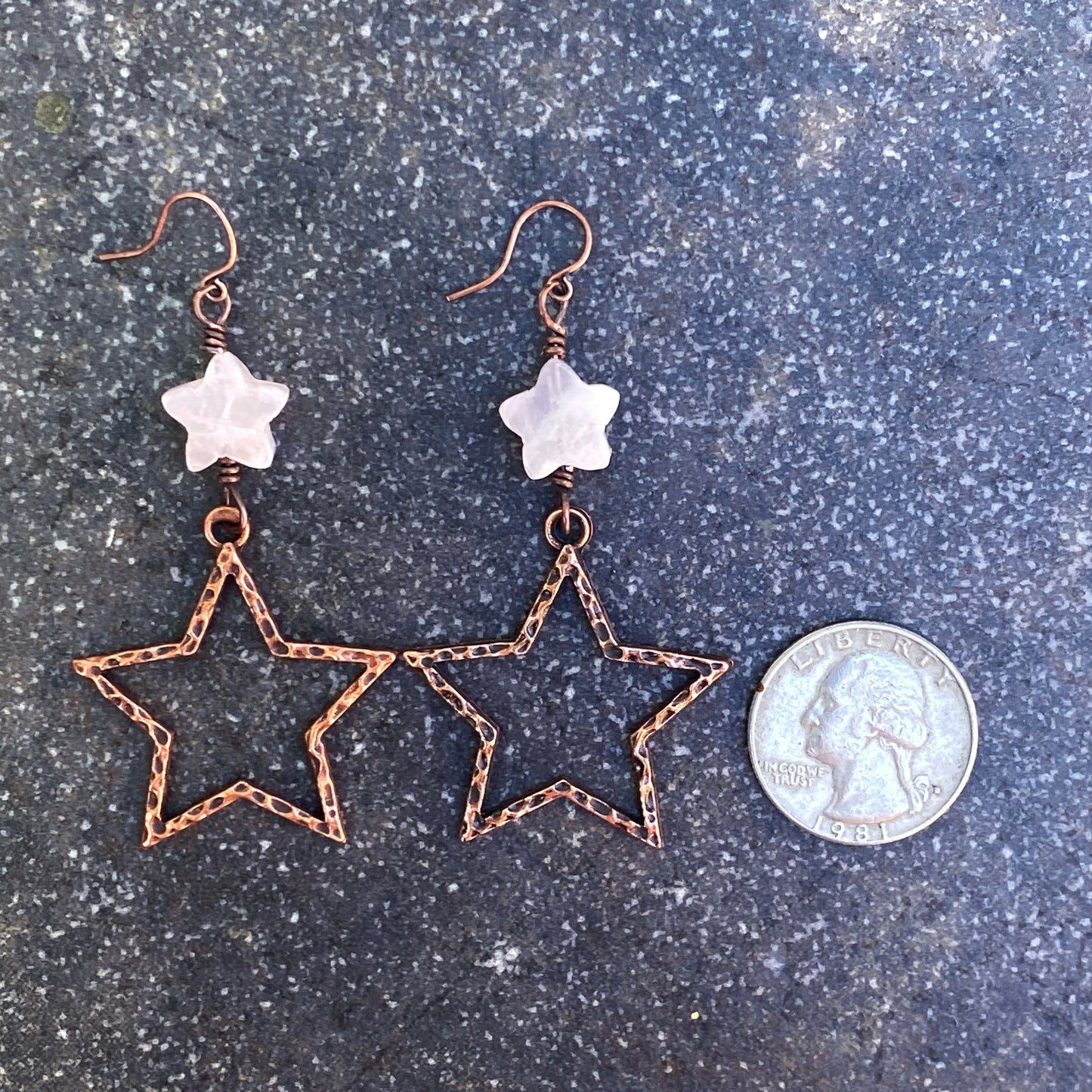 Rose Quartz gemstone Star and Copper Dangle Earrings