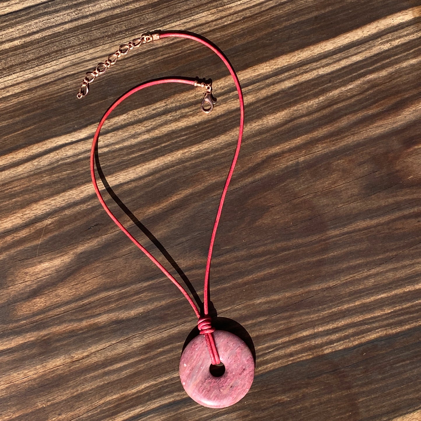 Rhodonite gemstone Donut Leather Necklace