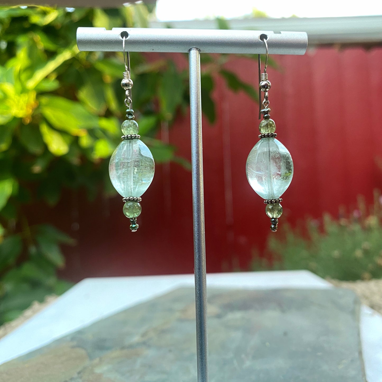 Fluorite, sterling silver, green apatite, and tiny fresh water pearl pearl drop earrings