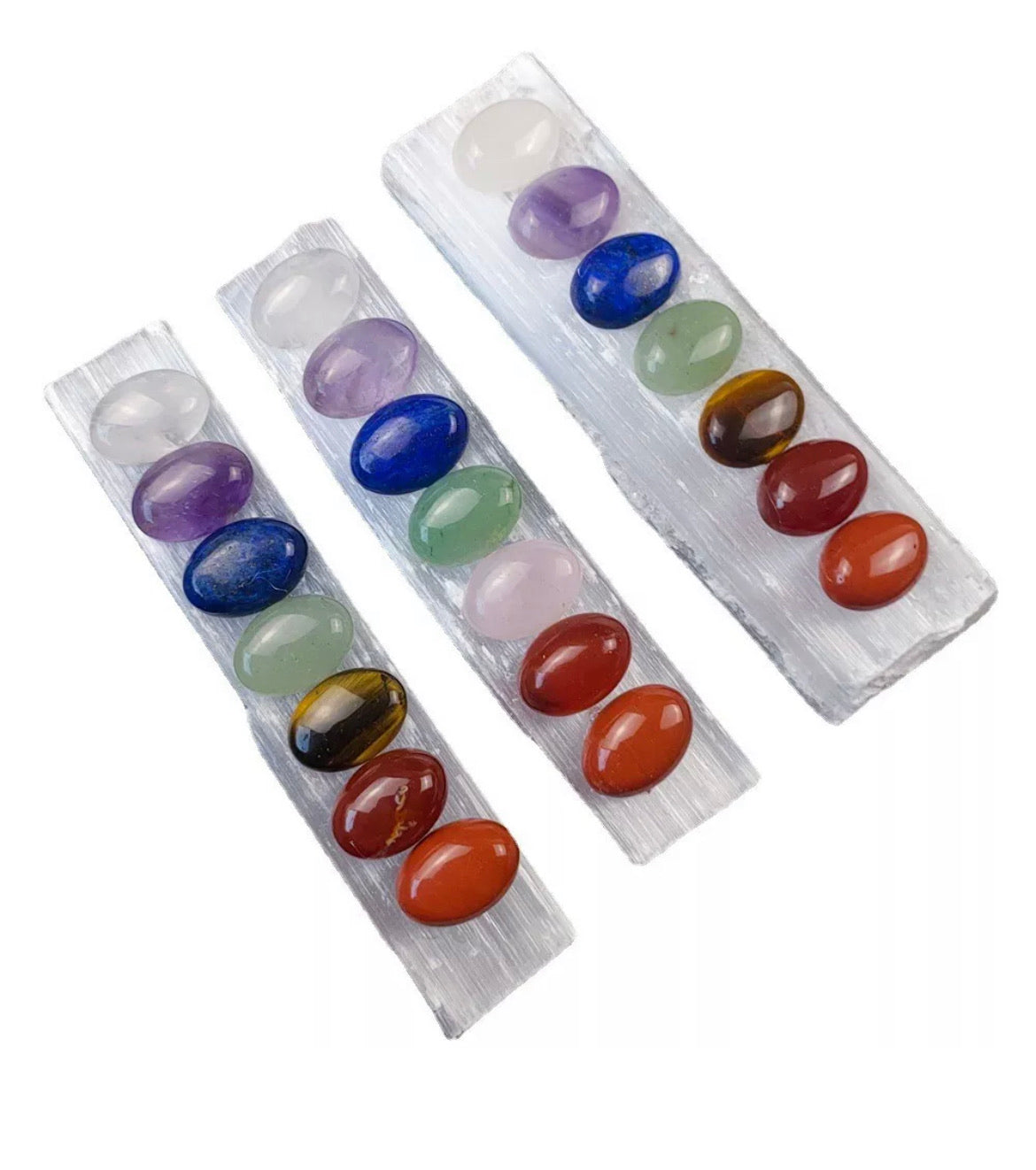 Goddess Blessed Chakra Gemstone Set Polished Selenite Rainbow Crystal Healing