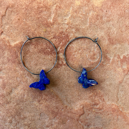 Oxidized Sterling silver hoops with Lapis Lazuli Gemstone butterflies