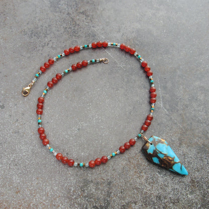 Bornite Gemstone pendant on carnelian, apatite, and hematite Beaded Necklace