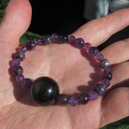 Rainbow Obsidian gemstone & purple Amethyst Smooth & Faceted Stretch Bracelet