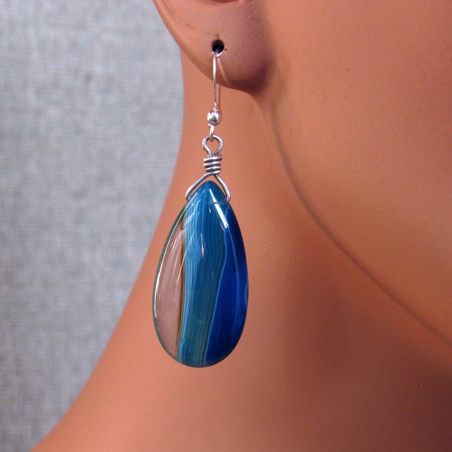 Blue Onyx Agate Tear Drop Shape and Sterling Silver Earrings