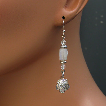 Moonstone and White Topaz gemstone Sterling silver flowers, drop earrings