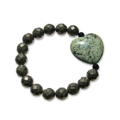 African Turquoise gemstone heart, Pyrite, and Black Spinel bracelet