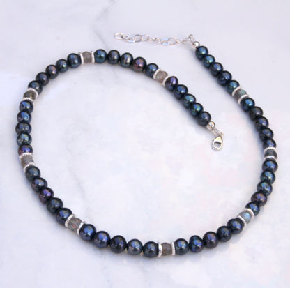 Natural Freshwater Black & Blue Pearls, Labradorite gemstones, and Sterling Silver Choker