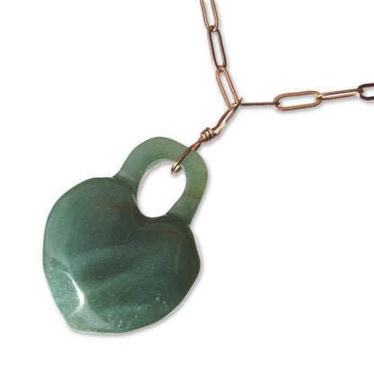 Green Aventurine gemstone carved Heart Lock on Brass Chain