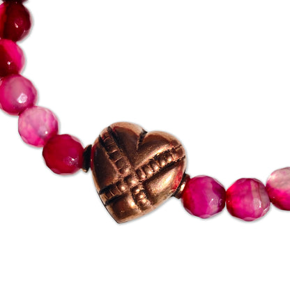 Pink agate gemstone and copper heart stretch bracelet