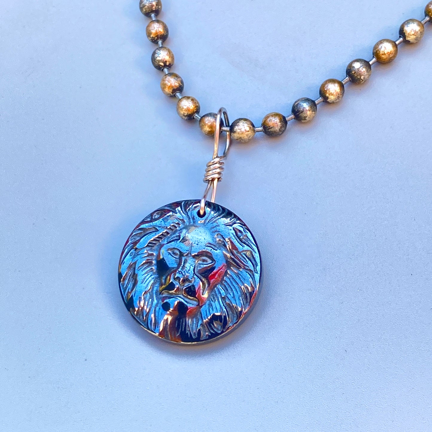 Hematite Lion Pendant on Patina copper chain Necklace