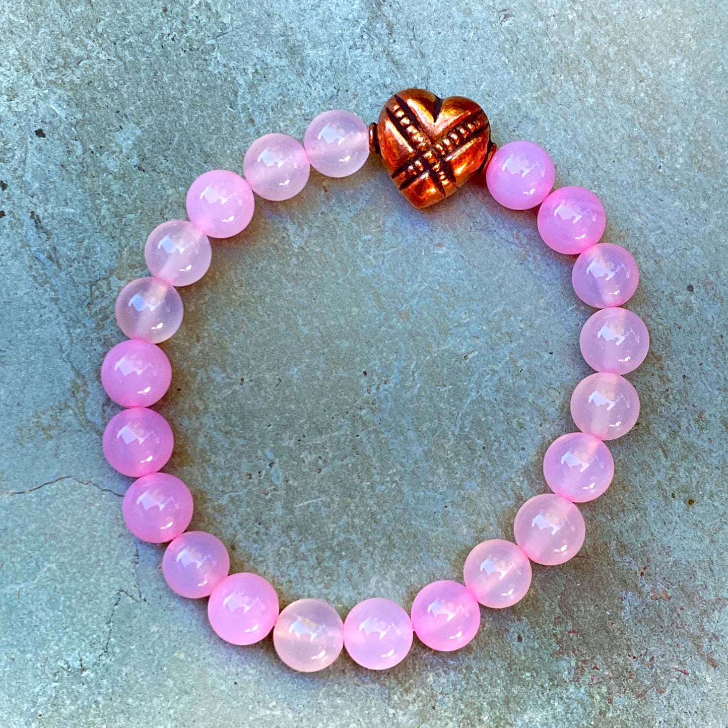 Pink agate and copper heart bracelet