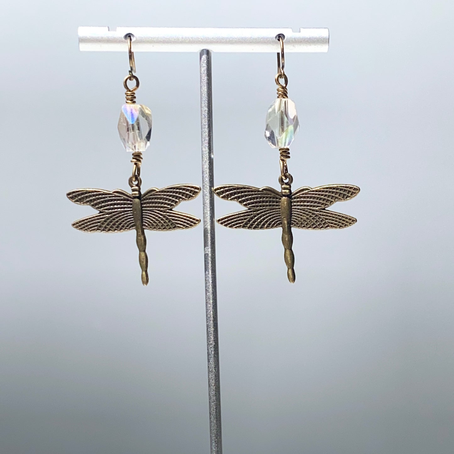 Brass Dragonfly and Quartz gemstone Dangle Earrings