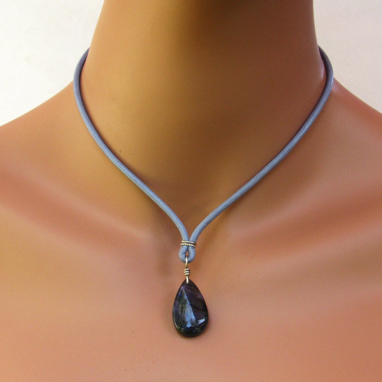 Blue Flame Labradorite gemstone Hand Wrapped on Leather W/ Sterling Silver