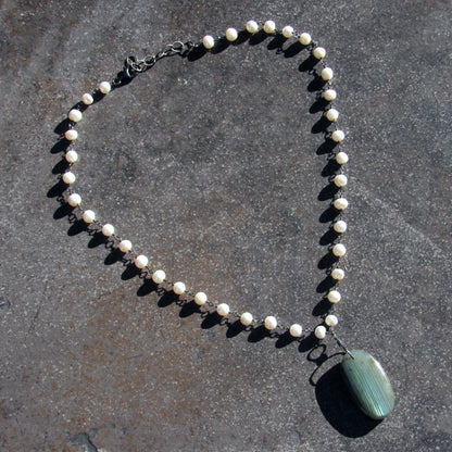 Freshwater Pearls, Oxidized Sterling Silver, and Fire Labradorite Necklace